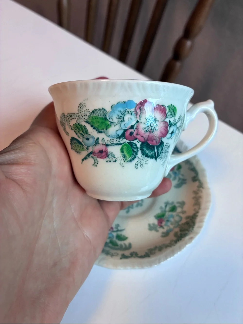 Apple Blossom Pink & Green Floral Teacup and Saucer